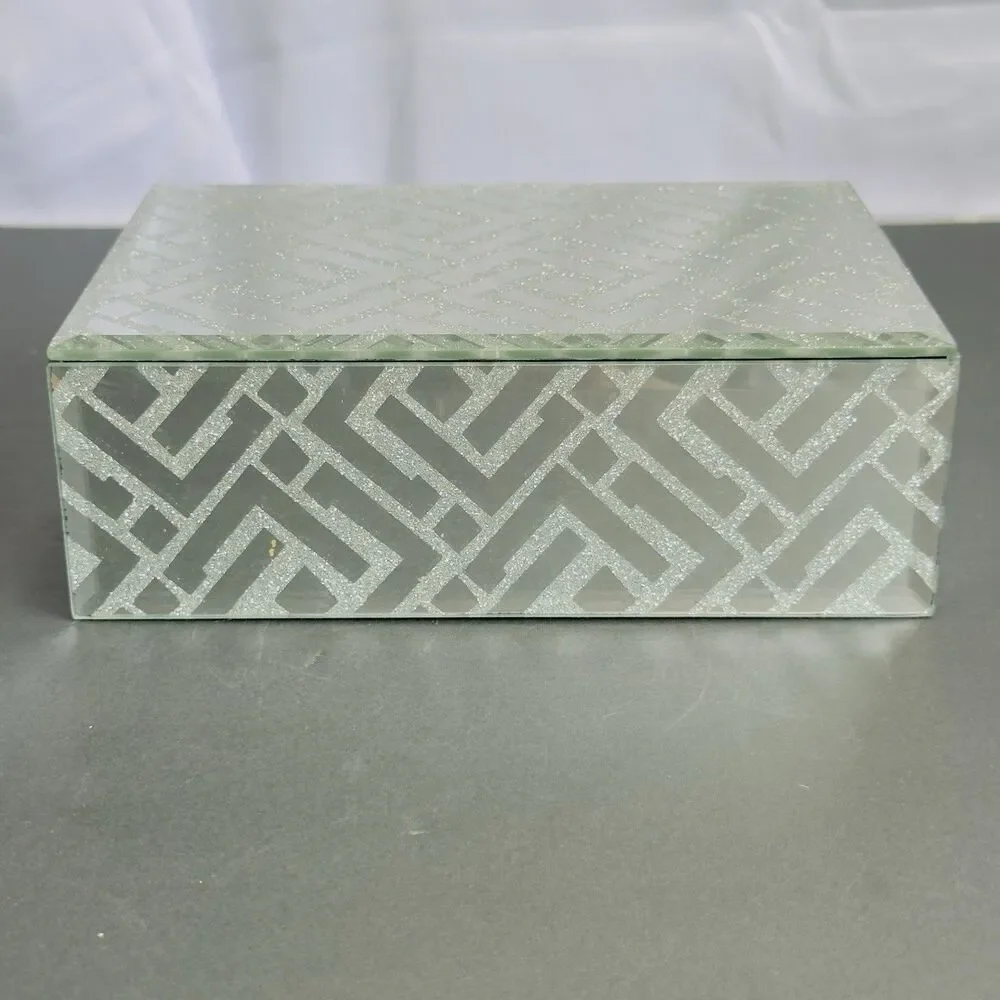 Jewelry Box Storehouse Mirrored Glass Design Trinket Black Velvet Lining Ribbon